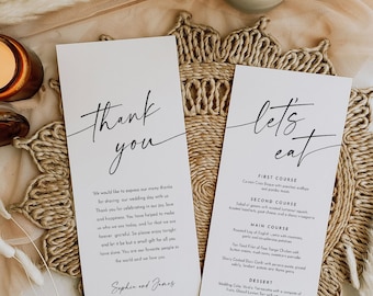 Modern Menu and Thank You Card, Printable Wedding Dinner Menu Template, Thank You Note, Editable Text, Instant, Templett, 4x9 #0034W-225WM