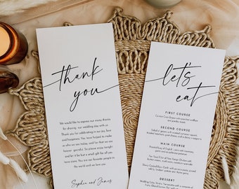 Modern Menu and Thank You Card, Printable Wedding Dinner Menu Template, Thank You Note, Editable Text, Instant, Templett, 4x9 #0034W-225WM