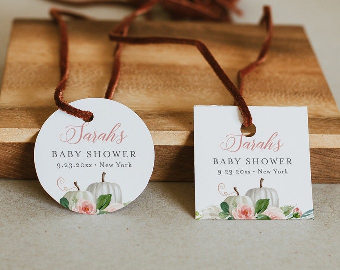 Pumpkin Favor Tag Template, Fall Baby / Bridal Shower Thank You Tag or Label, Editable, Square or Circle Tag, Templett, 2" #072A-138SF