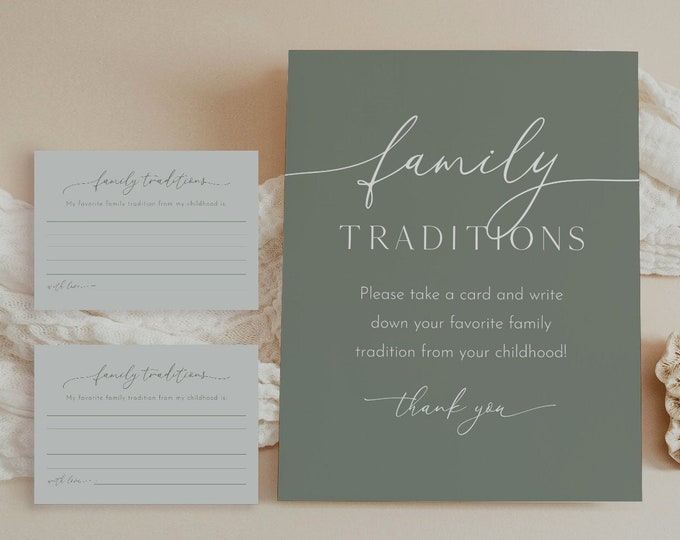 Family Traditions Sign and Card, Sage Baby Shower, Share a Memory, Childhood Memory, Editable Template, Instant Download, Templett #029-01S