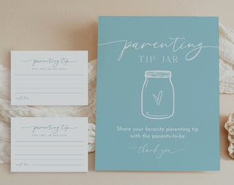 Parenting Tip Jar Sign and Advice Card, Blue Boy Baby Shower Advice, Editable Template, Personalize Names, Instant, Templett #029-126AC