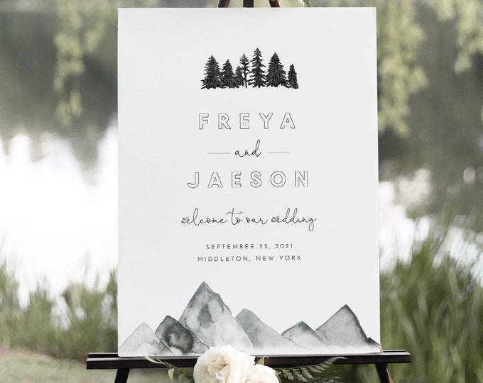 Rustic Mountain Wedding Welcome Sign, Printable Pine Wedding or Bridal Shower Sign Template, Instant Download, Templett #0015-222LS