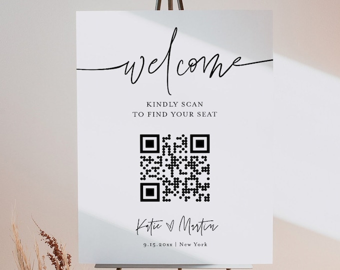 Seating Chart QR Code Sign, Minimalist Wedding Welcome Poster, 100% Editable Template, Printable, Instant Download, Templett #0009-281SCS