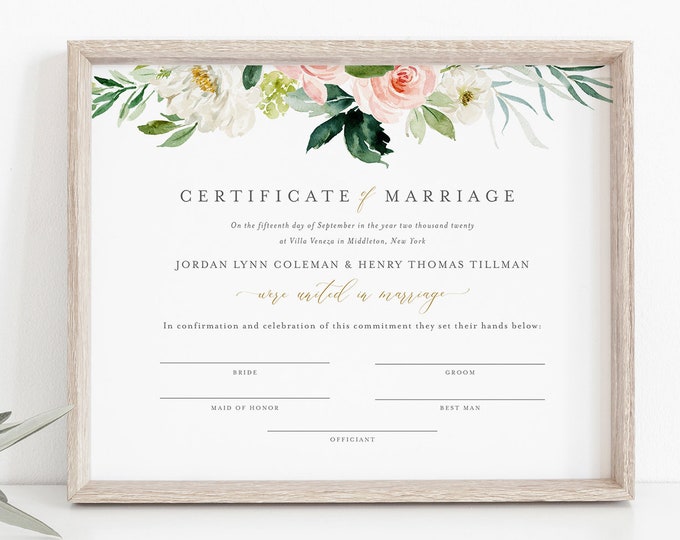 Marriage Certificate, Boho Blush Floral Wedding Certificate, Wedding Keepsake, Editable Text, Instant Download, 8x10, 16x20 #043-106MC