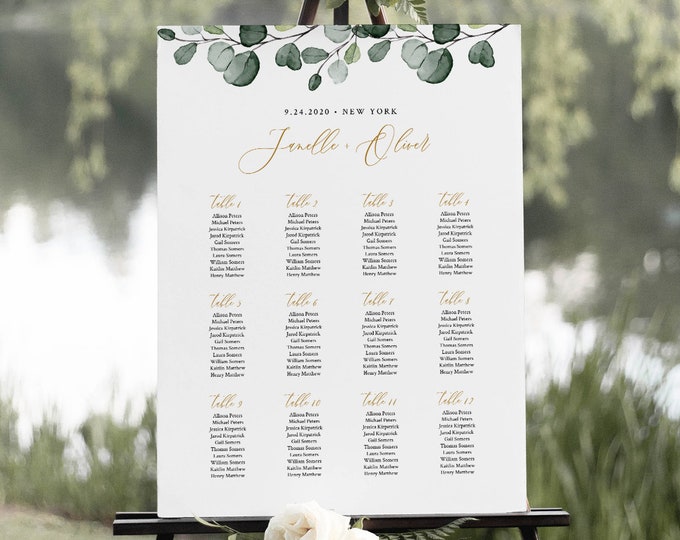 Greenery Seating Chart Poster, Printable Wedding Seating Sign, Instant Download, Editable Template, Templett, US & UK Sizes #007-255SC