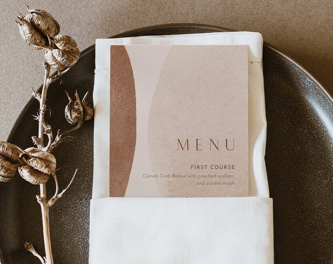 Earthy Menu Template, Printable Abstract Art Wedding Dinner Menu Card, Minimal, 100% Editable, Instant Download, Templett #0016-193WM