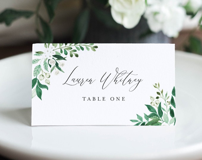 Greenery Place Card Template, Printable Garden Wedding Escort Card with Meal Option, INSTANT DOWNLOAD, Editable, Templett #080A-174PC