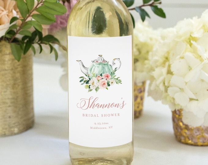 Wine Bottle Label Template, Tea Party Bridal Shower Wine Favor, 100% Editable, Custom Wine Label, Instant Download, Templett #085-120WL