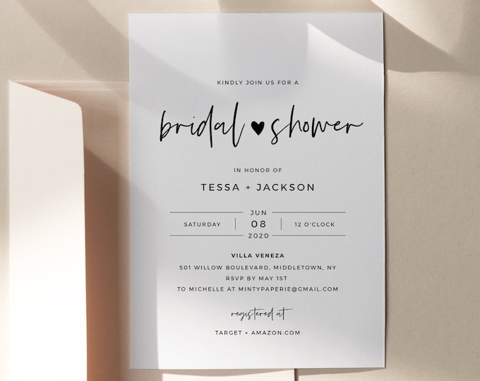 Minimalist Bridal Shower Invitation Template, Simple Couples Shower Invite, Heart Wedding Shower, 100% Editable, INSTANT DOWNLOAD #088-252BS