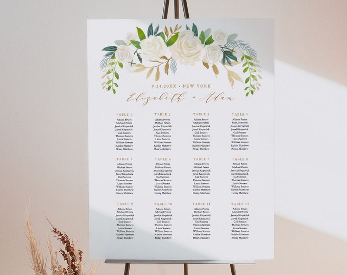 Seating Chart Template, Printable Bridal Shower Seating Sign, Cream Florals & Gold, Instant Download, Editable Text, Templett #021-236SC