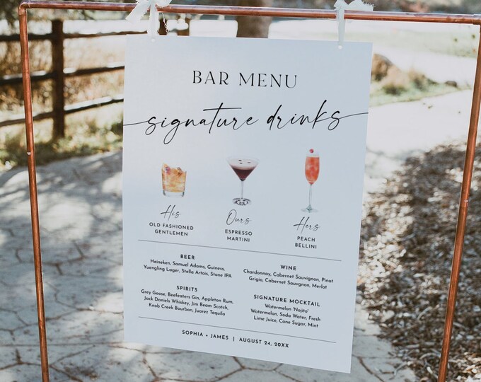 Signature Drinks Bar Sign, Editable Bar Menu, Modern Minimalist, 200+ Cocktails Wine, Beer, His and Her Drinks, Instant, Templett #0034W-10S