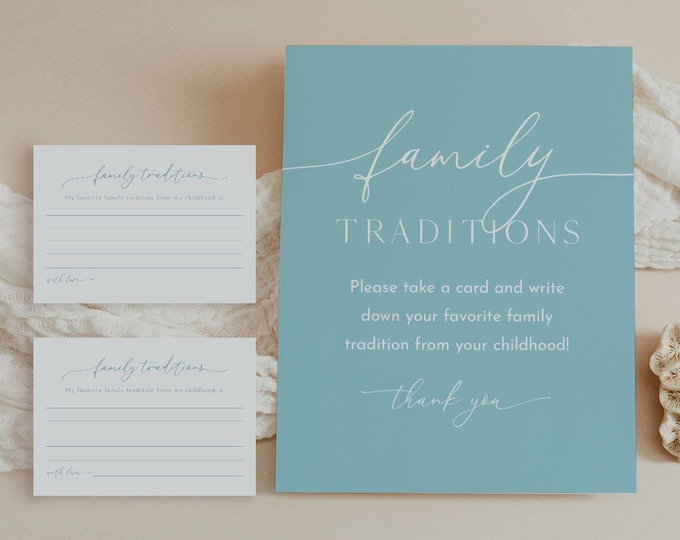 Family Traditions Sign and Card, Blue Boy Baby Shower, Share a Memory, Childhood Memory, Editable Template, Instant, Templett #029-03S