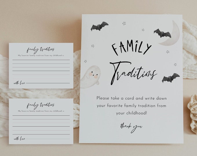 Halloween Family Traditions Sign and Card, Fall Baby Shower, Childhood Memory, Gender Neutral, Editable Template, Templett #066-01S
