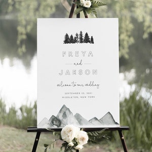 Rustic Mountain Wedding Welcome Sign, Printable Pine Wedding or Bridal Shower Sign Template, Instant Download, Templett #0015-222LS