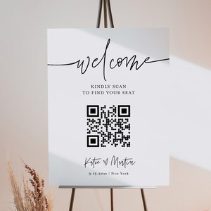 Seating Chart QR Code Sign, Minimalist Wedding Welcome Poster, 100% Editable Template, Printable, Instant Download, Templett #0009-281SCS