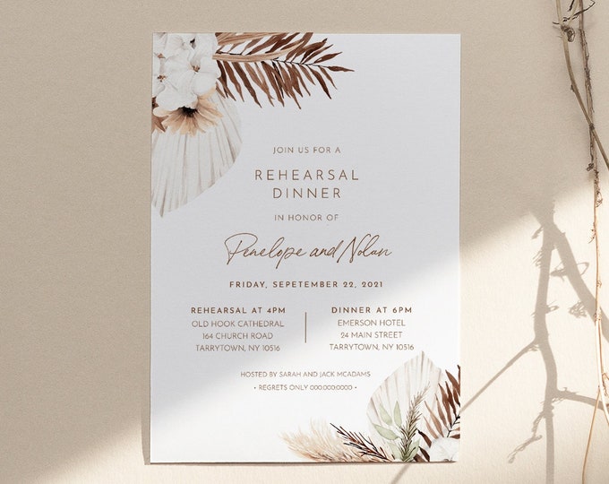 Bohemian Rehearsal Dinner Invitation Template, Dried Foliage, Rehearsal Invite, 100% Editable Text, Instant Download, Templett #0028A-167RD