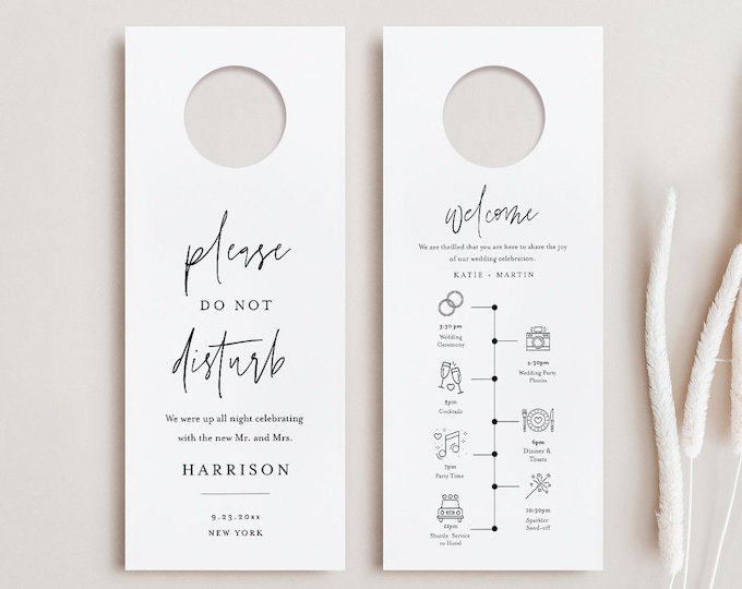 Wedding Door Hanger Template, Welcome Letter & Itinerary, Order of Events, Minimalist Do Not Disturb Door Tag, Templett #0009-105DH