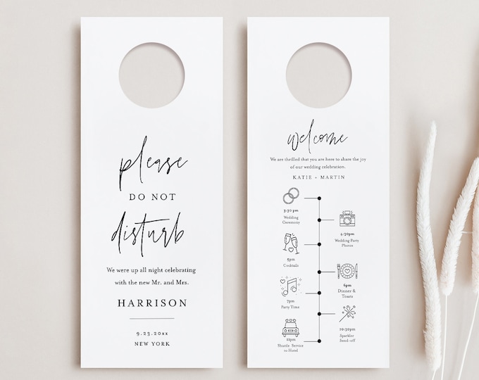 Wedding Door Hanger Template, Welcome Letter & Itinerary, Order of Events, Minimalist Do Not Disturb Door Tag, Templett #0009-105DH