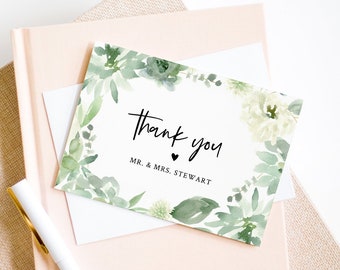 Thank You Note Card Template, Printable Watercolor Succulent Wedding / Bridal Shower Folded Card, INSTANT DOWNLOAD, Editable #075-119TYC