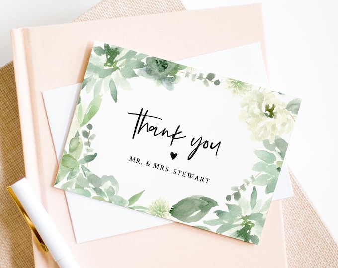 Thank You Note Card Template, Printable Watercolor Succulent Wedding / Bridal Shower Folded Card, INSTANT DOWNLOAD, Editable #075-119TYC