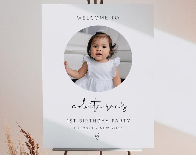 First Birthday Party Sign, Welcome Sign, 1st Year Baby Sign, Modern Arch, One Year Poster, Editable Template, Instant, Templett #0031-316LS