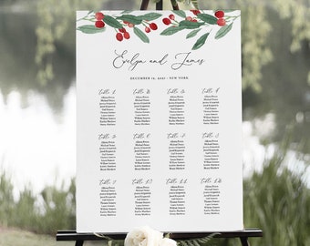 Holly Wedding Seating Chart Template, Printable Winter Seating Sign Poster, 100% Editable Text, Instant Download, Templett #071-278SC