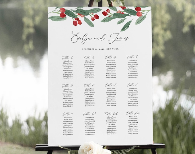 Holly Wedding Seating Chart Template, Printable Winter Seating Sign Poster, 100% Editable Text, Instant Download, Templett #071-278SC