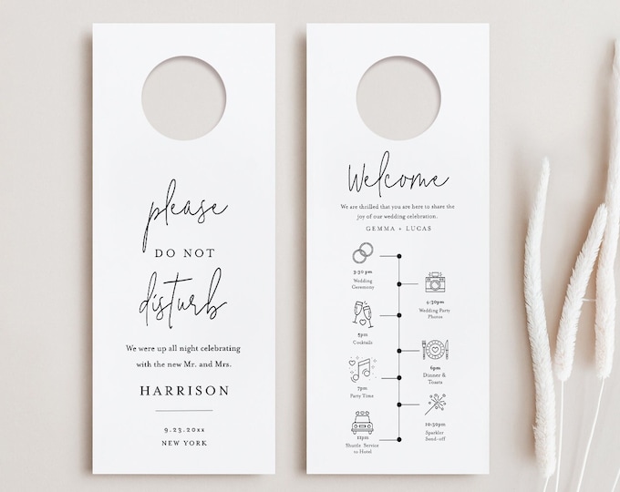 Wedding Door Hanger Template, Welcome Letter & Itinerary, Order of Events, Minimalist Do Not Disturb Door Tag, Editable, Templett #095-106DH