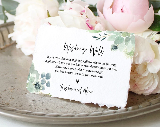 Wishing Well Card Template, 100% Editable, Honeymoon Fund Card, Succulent Greenery Wedding, Enclosure Card, INSTANT DOWNLOAD #075-128EC