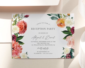 Reception Party Invitation, Burnt Orange Floral Wedding Reception, Editable Template, Printable Elopement Invite, Instant Download 002-113WR