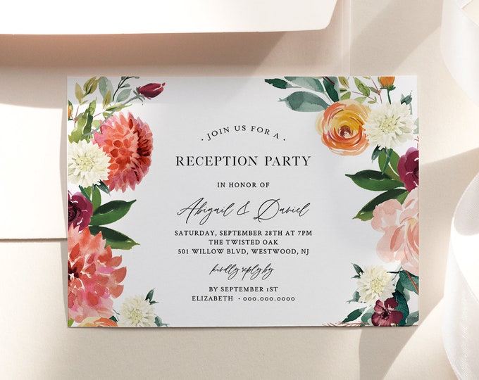 Reception Party Invitation, Burnt Orange Floral Wedding Reception, Editable Template, Printable Elopement Invite, Instant Download 002-113WR