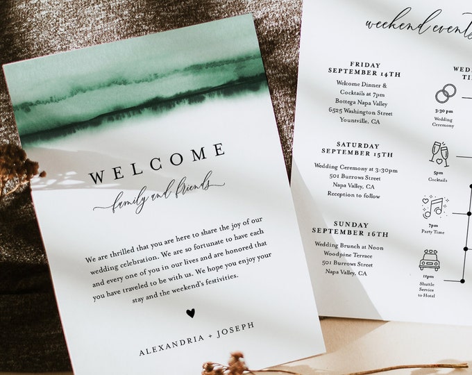 Watercolor Welcome Letter & Timeline Template, Minimalist Wedding Order of Events, Itinerary, INSTANT DOWNLOAD, Editable Text #093C-144WB
