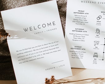 Modern Welcome Letter & Timeline Template, Minimalist Wedding Order of Events, Itinerary, INSTANT DOWNLOAD, 100% Editable Text #094-141WB