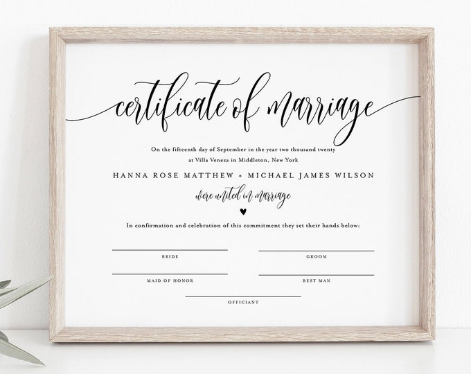 Certificate of Marriage, Minimalist Wedding Certificate, Wedding Keepsake, 100% Editable Text, Instant Download, 8x10, 16x20 #008-104MC