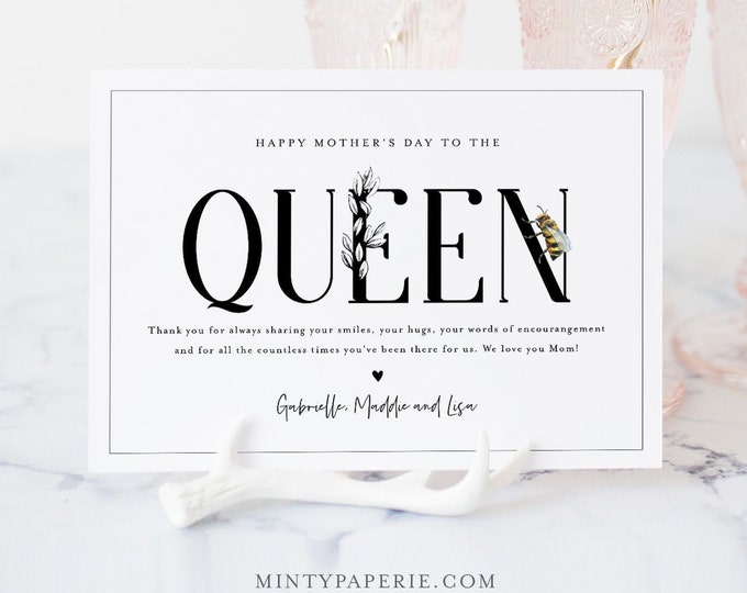 Queen Bee Mother's Day Card, Printable Funny Mothers Day Template, Personalize, Editable Template, Instant Download, Templett, 5x7 #107MDC