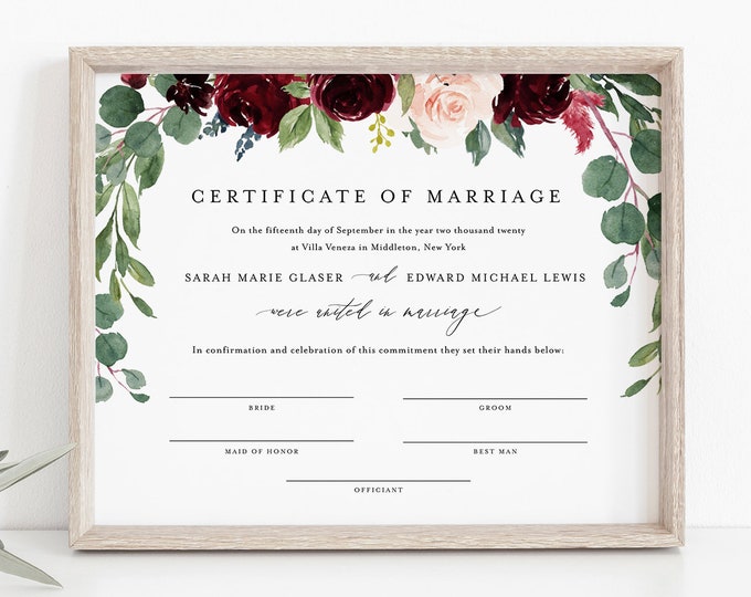 Certificate of Marriage, Wedding Keepsake, Editable Text, Boho Burgundy Floral Wedding Certificate, Instant Download, 8x10, 16x20 #062-101MC