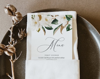 Magnolia Menu Template, Southern Wedding Menu Card, Printable DIY Dinner Menu, INSTANT DOWNLOAD, 100% Editable Text, Templett #015-179WM