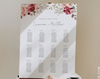 Wedding Seating Chart Template, Printable Boho Burgundy Floral Seating Sign, 100% Editable Text, INSTANT DOWNLOAD #065-293SC