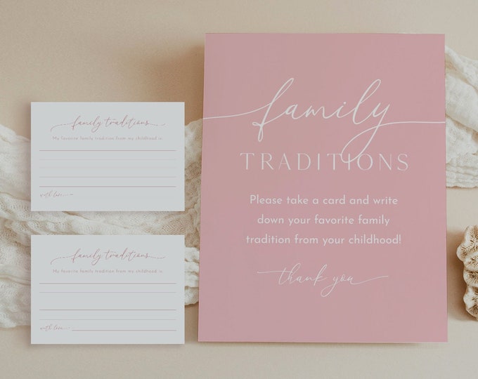 Family Traditions Sign and Card, Pink Girl Baby Shower, Share a Memory, Childhood Memory, Editable Template, Instant, Templett #029-04S