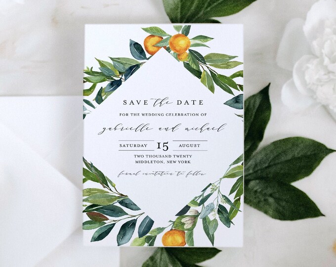 Save the Date Template, Printable Citrus Wedding Save the Date, Lemon, Orange, INSTANT DOWNLOAD, 100% Editable Text, Templett #084-158SD