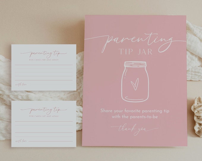 Parenting Tip Jar Sign and Advice Card, Pink Girl Baby Shower Advice, Editable Template, Personalize Names, Instant, Templett #029-127AC