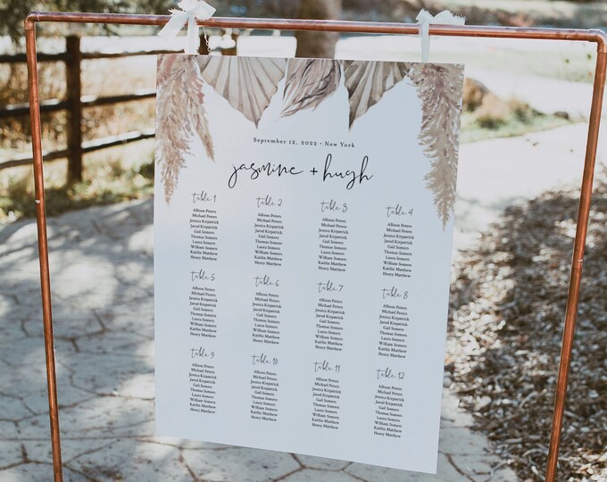 Bohemian Seating Chart Poster, Dried Foliage Wedding Seating Sign, Palm, Pampas, Instant Download, Editable Template, Templett #0022-228SC