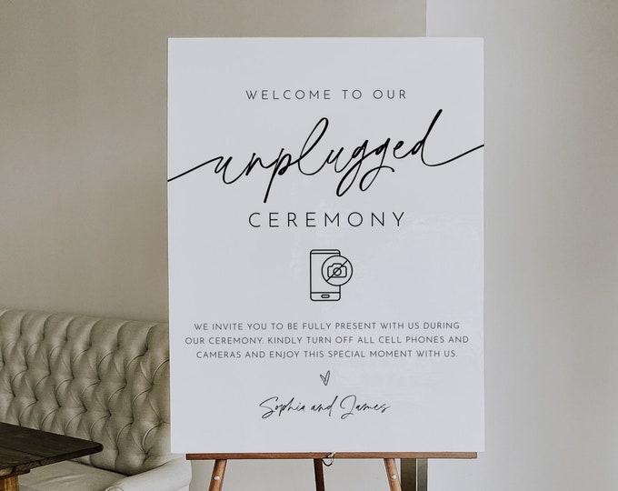 Unplugged Ceremony Wedding Sign, Minimal Welcome Sign, No Phone Camera, Editable Template, Instant Download, Templett, 8x10, 18x24 #0032-12S