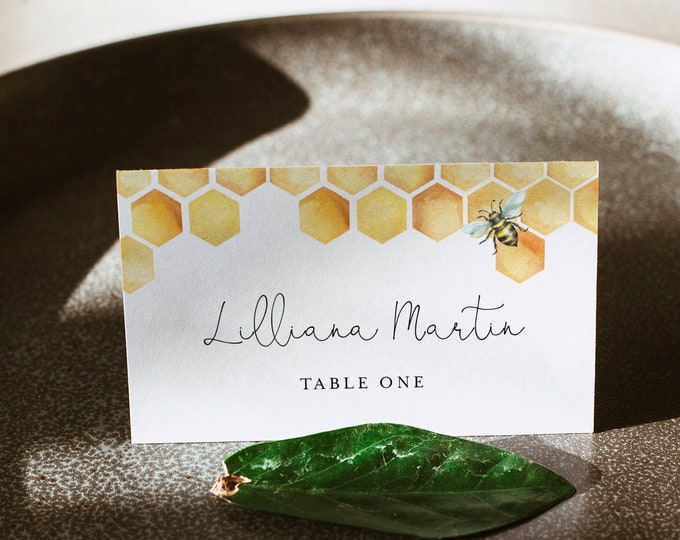 Honey Bee Place Card Template, Printable Honeycomb Wedding Escort Card & Meal Option, INSTANT DOWNLOAD, Editable, Templett #097-188PC