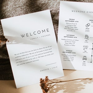 Modern Welcome Letter & Timeline Template, Minimalist Wedding Order of Events, Itinerary, INSTANT DOWNLOAD, 100% Editable Text #094-141WB