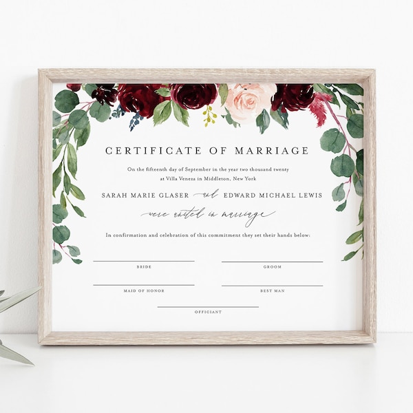 Certificate of Marriage, Wedding Keepsake, Editable Text, Boho Burgundy Floral Wedding Certificate, Instant Download, 8x10, 16x20 #062-101MC