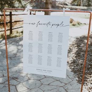 May include: A white wedding seating chart with the text "our favorite people" at the top. The chart lists tables 1 through 12 with names of guests assigned to each table. The chart is displayed on a copper stand.