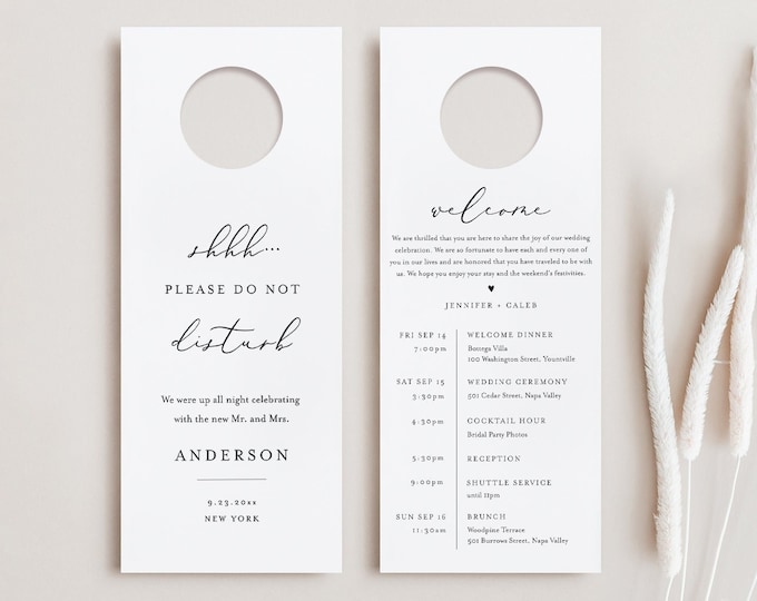 Wedding Door Hanger Template, Welcome Letter & Itinerary, Order of Events, Minimalist Do Not Disturb Door Tag, Templett #045-104DH