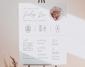 1st Year Baby Sign, Infographic, Baby Stats, 1st Birthday Party, Milestones, Editable Template, Instant, Templett, 8x10, 18x24 #0026-101FYS