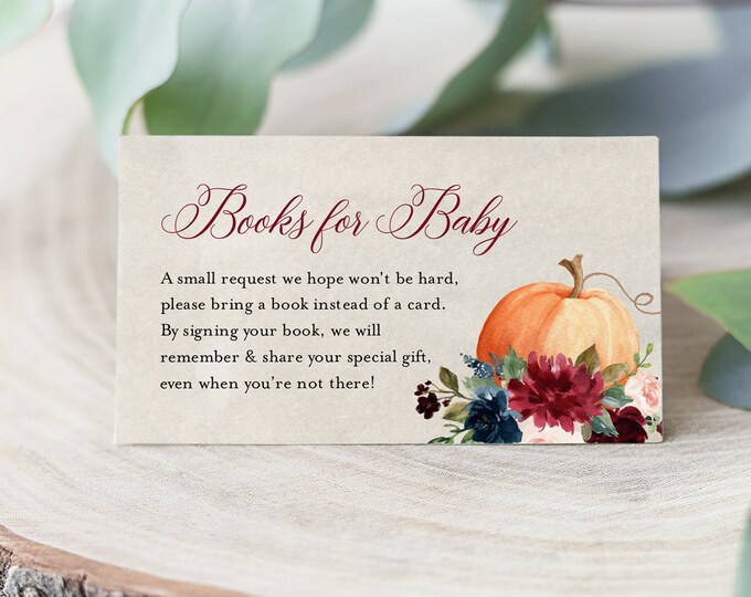 Pumpkin Books for Baby Card, Book Request, Fall Baby Shower Invitation Book Insert, Editable Text, INSTANT DOWNLOAD, Templett #072A-120BFB